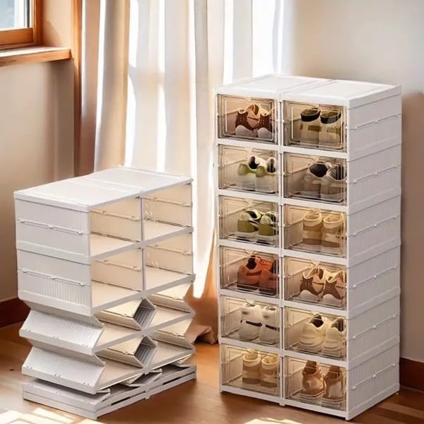 6 Pack Shoe Storage Box,10.1"x 13.6"x 40.5",Plastic Stackable Shoe Organizer for Entryway,Sneaker Container Bin Holder,White