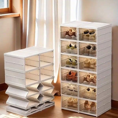 6 Pack Shoe Storage Box,10.1"x 13.6"x 40.5",Plastic Stackable Shoe Organizer for Entryway,Sneaker Container Bin Holder,White