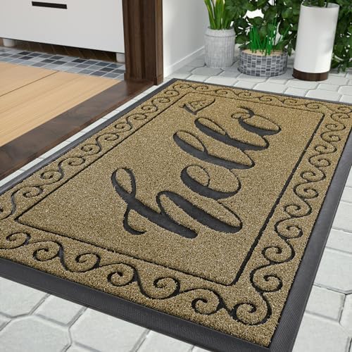 Yimobra Welcome Mats for Front Door 29.5x17, Heavy Duty Waterproof Outdoor Door Mat Outside Entrance, Non-Slip Low Profile Indoor Entryway Mat for Garage Patio, Beige Brown by Yimobra