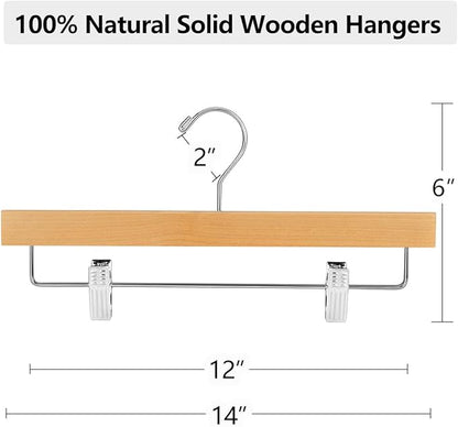 AMKUFO 20pcs Wooden Pants Hangers Solid Pants Hanger with Adjustable Clips 14 Inch Natural Wood Skirt Hangers Trousers Bottom Hanger with Non-Slip Clips and 360° Swivel Hook