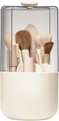 EACHY Makeup Brush Holder with Lid, 360° Rotating Vanity Organizer for Brushes, Dustproof Cosmetic Display Case, 7 Compartments, Waterproof Plastic (Beige)
