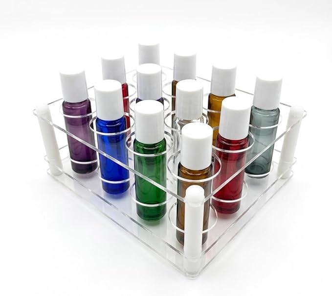 2 Pack 12 Hole 3×4 Acrylic Roller Bottle Organizer, Crystal Clear Essential Oil Holder, DIY Easy Assembly, 3mm Thick, Space Saving for Bathroom Vanity & Bedroom Dresser, Fits 10ml Roller Bottles