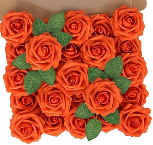 N&T NIETING Artificial Flowers Real Touch Fake Flowers Orange Roses Perfect for DIY Wedding Bridal Bouquets Centerpieces Shower Party Home Flower Arrangement Thanksgiving Decorations, 25Pcs by NTNIETING