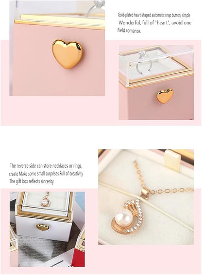 Magic Flip Jewelry Carousel with Heart Button Surprise, Rotating Transparent Gift Box - Bear Cake or Flower Design Organizer for Necklaces & Rings, Birthday Mothers Day Gifts for Women (Pink Flower)
