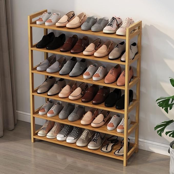 6 Tiers Shoe Rack Natural Bamboo Shoes Shelf Storage for Hallway Entryway Closet Wooden Stackable Shoe Organizer (Style A)