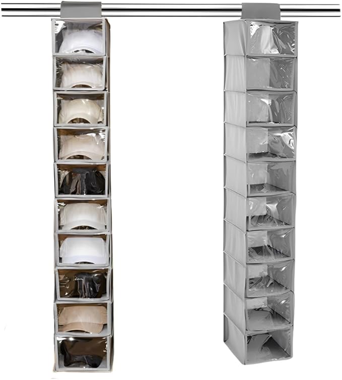 Hat Organizer, 10 Shelf Hanging Organizer for Baseball Caps, Collapsible Hat Rack Storage with Dust Cover, Space-Saving Hat Holder Display for Closet, Dorm, Bedroom, Apartment (Gray)