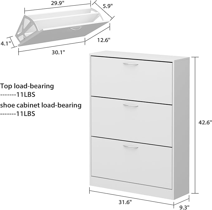 AGOTENI Shoe Cabinet with 3 Flip Drawers, Shoe Storage Organizer with 2-Tier Shelf, Freestanding Shoe Rack for Entryway Hallway, Living Room, White