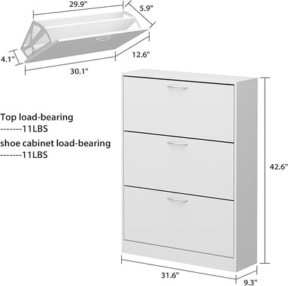 AGOTENI Shoe Cabinet with 3 Flip Drawers, Shoe Storage Organizer with 2-Tier Shelf, Freestanding Shoe Rack for Entryway Hallway, Living Room, White
