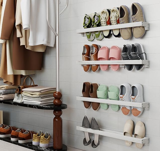 tonchean Wall Mounted Shoe Rack 30in, Solid Wood Hanging Shoe Organizer Storage Rack Shabby White Washed, Wooden Shoe Shelf Rack, Hanging Shoe Organizer Holder for Closet Mudroom RV Entryway, 4 pack