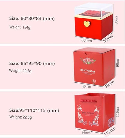 Magic Flip Jewelry Carousel with Heart Button Surprise, Rotating Transparent Gift Box - Bear Cake or Flower Design Organizer for Necklaces & Rings, Birthday Mothers Day Gifts for Women (Pink Flower)