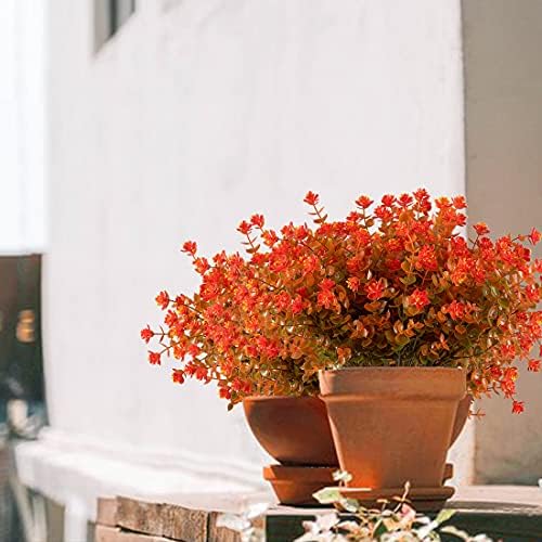 6PCS Artificial Eucalyptus Plants,Fake Boxwood Shrubs UV Resistant No Fade Faux Plastic Bridal Bouquet Indoor Outdoor Home Garden Kitchen Office Table Vase(Fall Orange), Brown Orange - Image 4