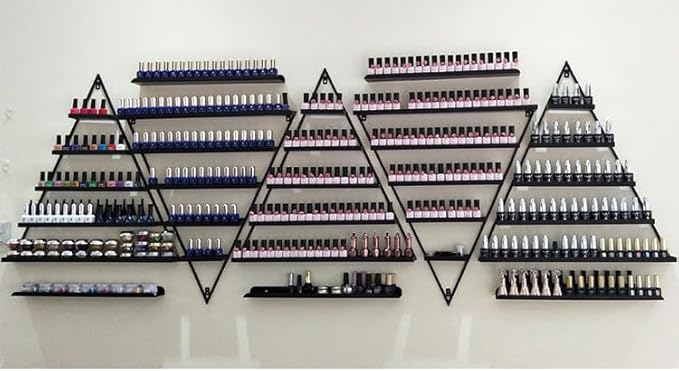 Elegant Wall Mounted Nail Polish Storage Rack Set of 10 Triangular Cosmetic Display Shelves for Essential Oil Bottles, Organize Your Lipsticks and Perfumes in Style at Home or Salon (Black)