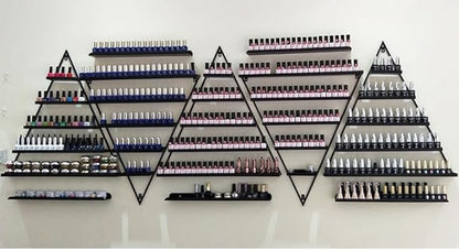 Elegant Wall Mounted Nail Polish Storage Rack Set of 10 Triangular Cosmetic Display Shelves for Essential Oil Bottles, Organize Your Lipsticks and Perfumes in Style at Home or Salon (Black)