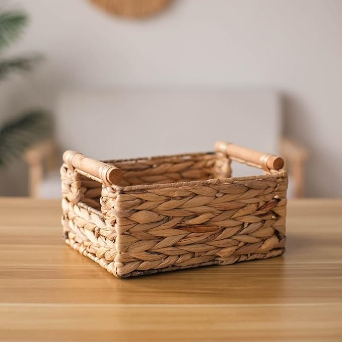 Storage Basket made by Water Hyacinth with Wood Handles, Arts and Crafts. (Small) Natural