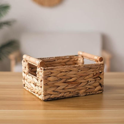 Storage Basket made by Water Hyacinth with Wood Handles, Arts and Crafts. (Small) Natural