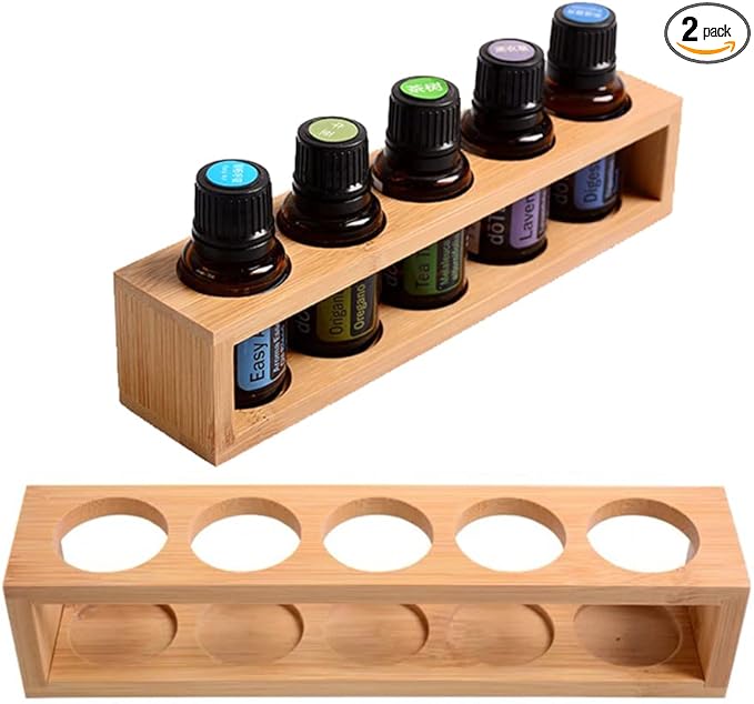 Sohynca Natural Bamboo Essential Oils Storage Rack fits 15ml bottles 1 Tier Tabletop Display Stand for Aromatherapy Bottles Storage Shelf fits 15ml 10ml 5ml bottles (5 Slots * 2pcs)