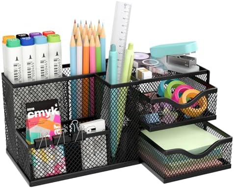 Mesh Desk Organizer with 2 Drawers and 5 Compartments, Pen Holder for Desk by Unknown