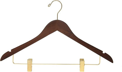 Quality Wooden Skirt Hangers with Clips - 20 Pack Walnut Pants Hangers with Adjustable Gold Metal Clips, Swivel Hook for Coats, Jackets, Blouses, Suits