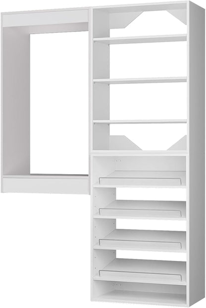 ROOMTEC Modular Closet System, 40" Wall Mounted Closet Organizer with Hanging Rods and Shoe Shelf, Wooden Tower for Walk-In Closets, Wardrobe Storage Kit, White