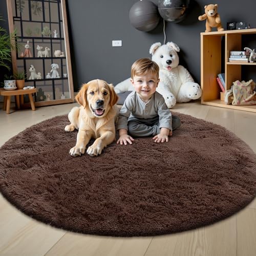 OLANLY Coffee Round Rugs for Bedroom - Machine Washable, 6 ft Circle Area Rugs for Living Room, Soft and Fluffy Shaggy Carpet for Teen Girls and Boys, Nursery Rooms, Dorms, Home Decor Aesthetic - Image 2