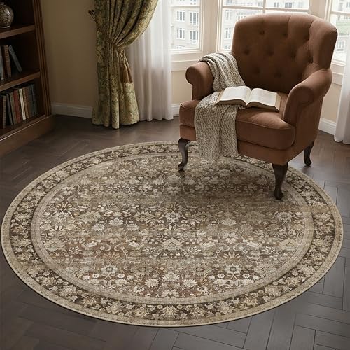 HUGEAR 4ft Round Brown Vintage Floral Washable Rug for Living Room - Image 3