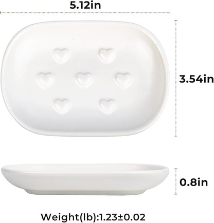 HILLSPRING Ceramic Soap Dish with Heart Bump Design, Keeps Bar Soap Elevated and Dry, Decorative Bar Soap Holder for Bathroom, Kitchen Sink, Vanity, Matte White, 5"x3.5"