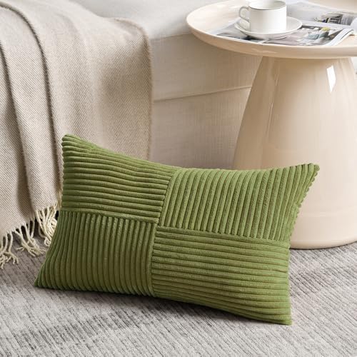 Fancy Homi 2 Packs Moss Green Lumbar Decorative Throw Pillow Covers 16x28 Inch for Living Room Couch Bed, Rustic Farmhouse Boho Home Decor, Soft Striped Corduroy Rectangle Accent Cushion Case 40x70 cm - Image 2