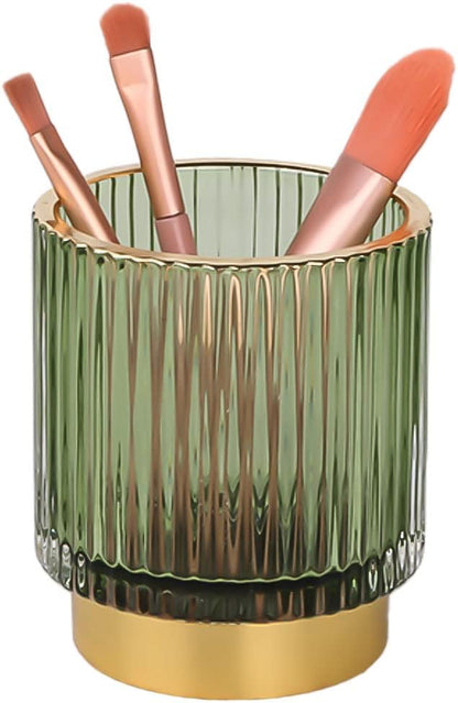 Green Makeup Brush Holder, Glass Toothbrush Holders for Bathrooms, Gold Pen Holder for Desk, Vintage Make Up Brush Holder Vanity Organizer for Brushes, Lipstick, Eyebrow Pencil