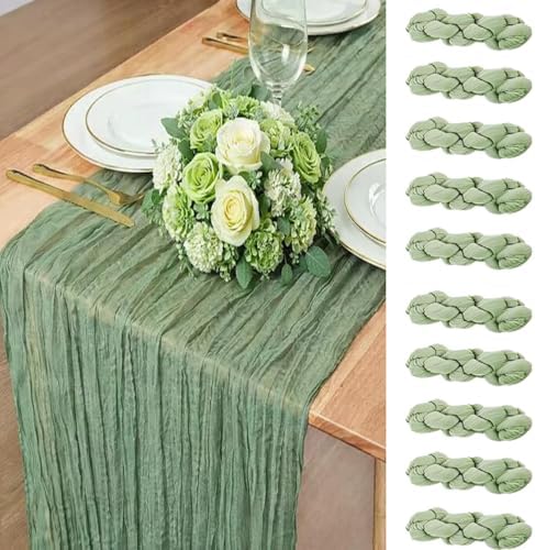 10 Pack Sage Green Cheesecloth Table Runner 22x120 Inch Boho Gauze Table Runners, Rustic Sheer Cheese Cloth Table Runners for Wedding, Baby Shower, Birthday Party, Home Decor by Fwxdbwyl