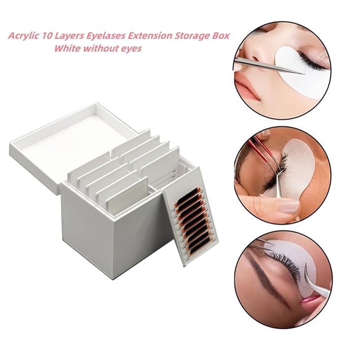 Acrylic 10 Layers Eyelases Extension Storage Box, Grafting Eye lashes Close-Packed Display, Makeup Organizer False Eyelashes Glue Pallet Holder with 10 Pallets (White without Eye)