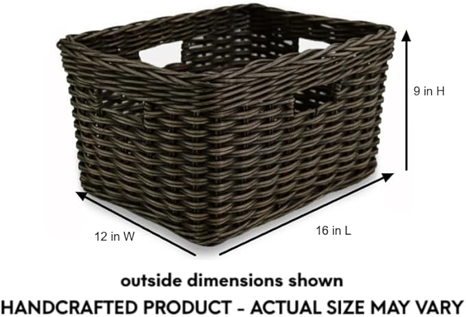 The Basket Lady Rectangular Deep Wicker Storage Basket, Medium, 16 in L x 12 in W x 9 in H, Antique Walnut Brown