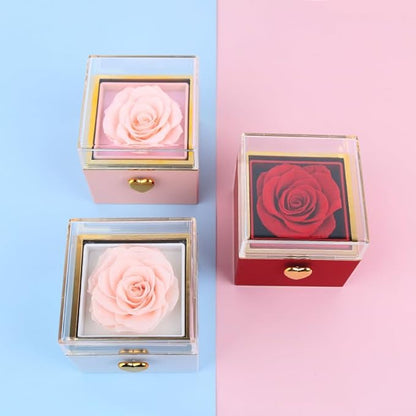 Magic Flip Jewelry Carousel with Heart Button Surprise, Rotating Transparent Gift Box - Bear Cake or Flower Design Organizer for Necklaces & Rings, Birthday Mothers Day Gifts for Women (Red Flower)