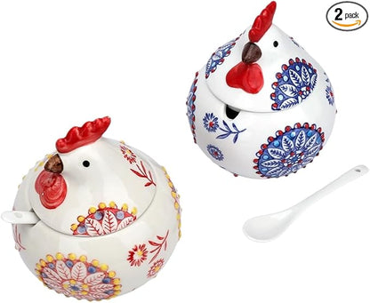 AKAZA 2 Pcs Ceramic Salt Cellar with Lid and Spoon, 13oz Chicken Decor Salt Holder, Airtight Salt Containers For Countertop, Food Storage Canisters for Spices Sugar, Red & Blue (RED+BLUE)