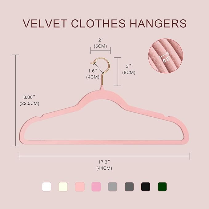 52 Packs Velvet Clothes Hangers, 17.3 Inches Non-Slip Skirt Hangers, Sturdy Dresses Hangers with Shoulder Notches, Space Saving Clothing Hangers for Adults, Pink with Gold Hook