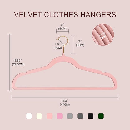 52 Packs Velvet Clothes Hangers, 17.3 Inches Non-Slip Skirt Hangers, Sturdy Dresses Hangers with Shoulder Notches, Space Saving Clothing Hangers for Adults, Pink with Gold Hook