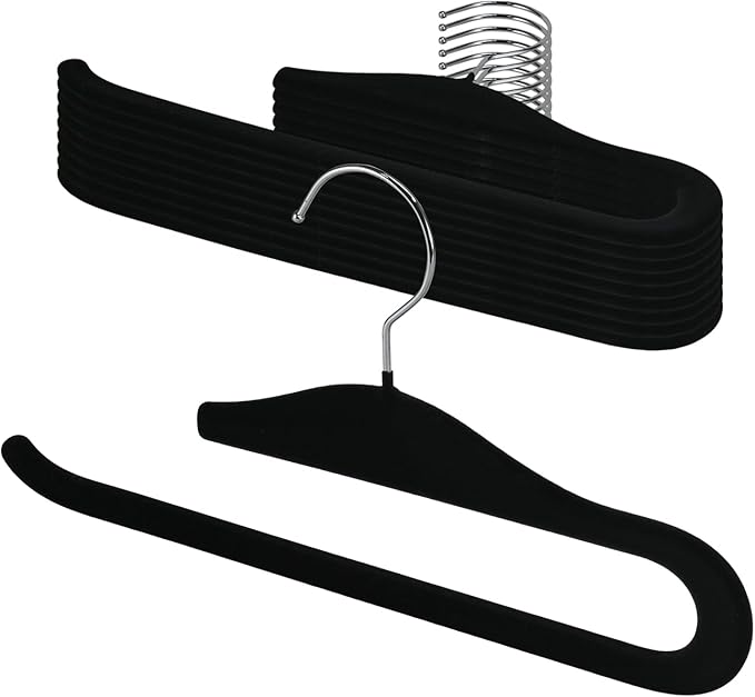 Velvet Pants Hangers, 10 Pack Non-Slip Open Ended Hangers with 360° Swivel Hook Slim Space Saving Jeans Hangers for Pants, Scarves, Ties, Towels, Black