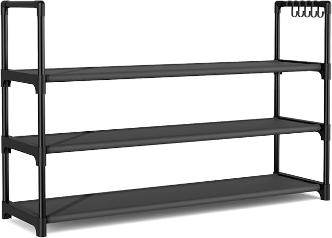 VILICK Shoe Rack for Closet Shoe Organizer Space Saver Storage for 12-15 Pair Shoe Shelf with Hook Free Standing 3 Tier Shoe Rack Organizer for Entryway, Small Spaces, Black