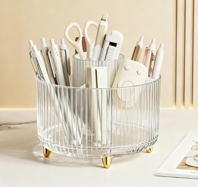 360 Degree Rotating Desktop Organizer,Makeup Brushes,Pencils,Desktop Stationery Storage Rotating Rack,Premium Plastic Organizer For Office,School And Home (Transparent color)