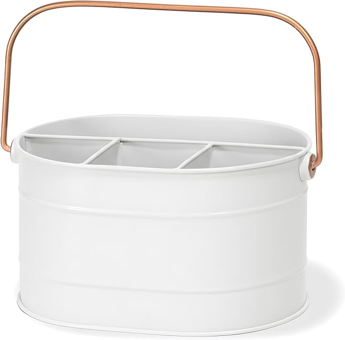 Red Co. 10" x 7" Enameled Metal Utensil Caddy & Countertop Flatware Organizer with Handle, Farmhouse White/Rose Gold