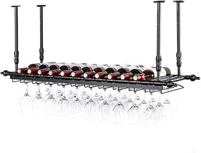 2-in-1 Industrial Wine Rack, 47.3" Adjustable Metal Pipe Wine Bottle Storage Rack with Glass Holders & Shelf, Space-Saving Vertical Installation for Kitchen Bar, Black