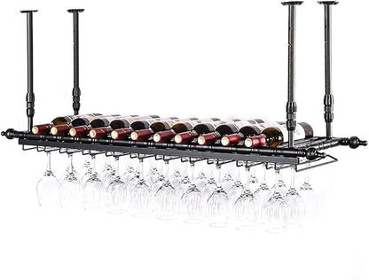 2-in-1 Industrial Wine Rack, 47.3" Adjustable Metal Pipe Wine Bottle Storage Rack with Glass Holders & Shelf, Space-Saving Vertical Installation for Kitchen Bar, Black