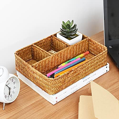 YANGQIHOME Tea Bag/Sugar Packet Holder, Coffee Station Condiment Organizer, Seagrass Storage Basket, Wicker Rattan Divided Basket Organizer for Drawer/Shelf/Countertop