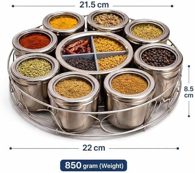 12 in 1 Stainless Steel Masala Box with Stand | Kitchen Masala Dabba | Steel Spice Box with 8 Containers & 4-Section Center | 22 cm Diameter