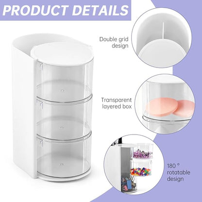 3-Layer Hair Accessories Organizer with Hair Brush Holder,Rotatable Makeup Brush Holder for Necklaces,Earring, Bracelet,Ring,Desktop Organizer Case for Cotton Swab(White)