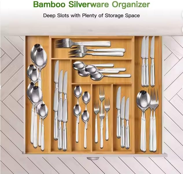 Kitchen Drawer Organizer Expandable Bamboo, Utensil Organizer for Kitchen Drawer, Adjustable Silverware Organizer Tray 13–19.6”, Wooden Cutlery Drawer Organizer, Deep Compartments (4)