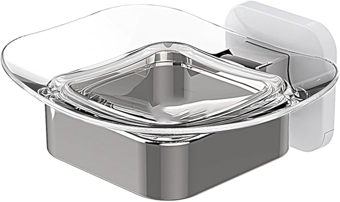 Shower Soap Holder, Wall Mounted Soap Dish, Soap Saver, Soap Tray, Bar Soap Holder for Shower Bathroom & Kitchen Accessories (White + Chrome, 4.49 x 4.33 in)