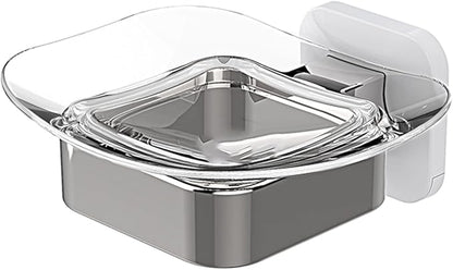 Shower Soap Holder, Wall Mounted Soap Dish, Soap Saver, Soap Tray, Bar Soap Holder for Shower Bathroom & Kitchen Accessories (White + Chrome, 4.49 x 4.33 in)