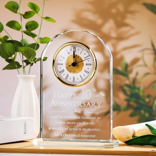 YWHL 10 Year Wedding Anniversary Clock Gifts for Couples, Laser Engraved 10th Anniversary Glass Keepsake for Him Her, 10 Year Wedding Gifts for Wife Husband (Battery not Included - Image 6
