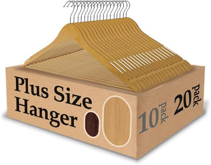 King Mills 19 Inch Plus Size Hangers, Extra Wide Hangers for Plus Size Clothes, Ganchos para Colgar Ropa, Ideal for XL, XXL Shirts, Coats, Dresses, Etc. Wood. Natural 20pk