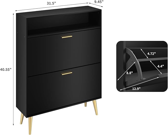 JOZZBY Shoe Cabinet Storage for Entryway, Freestanding Slim Shoe Organizer Cabinet with 2 Flip Drawers, Narrow Shoe Rack with Open Shelves for Hallway, Living Room, Black